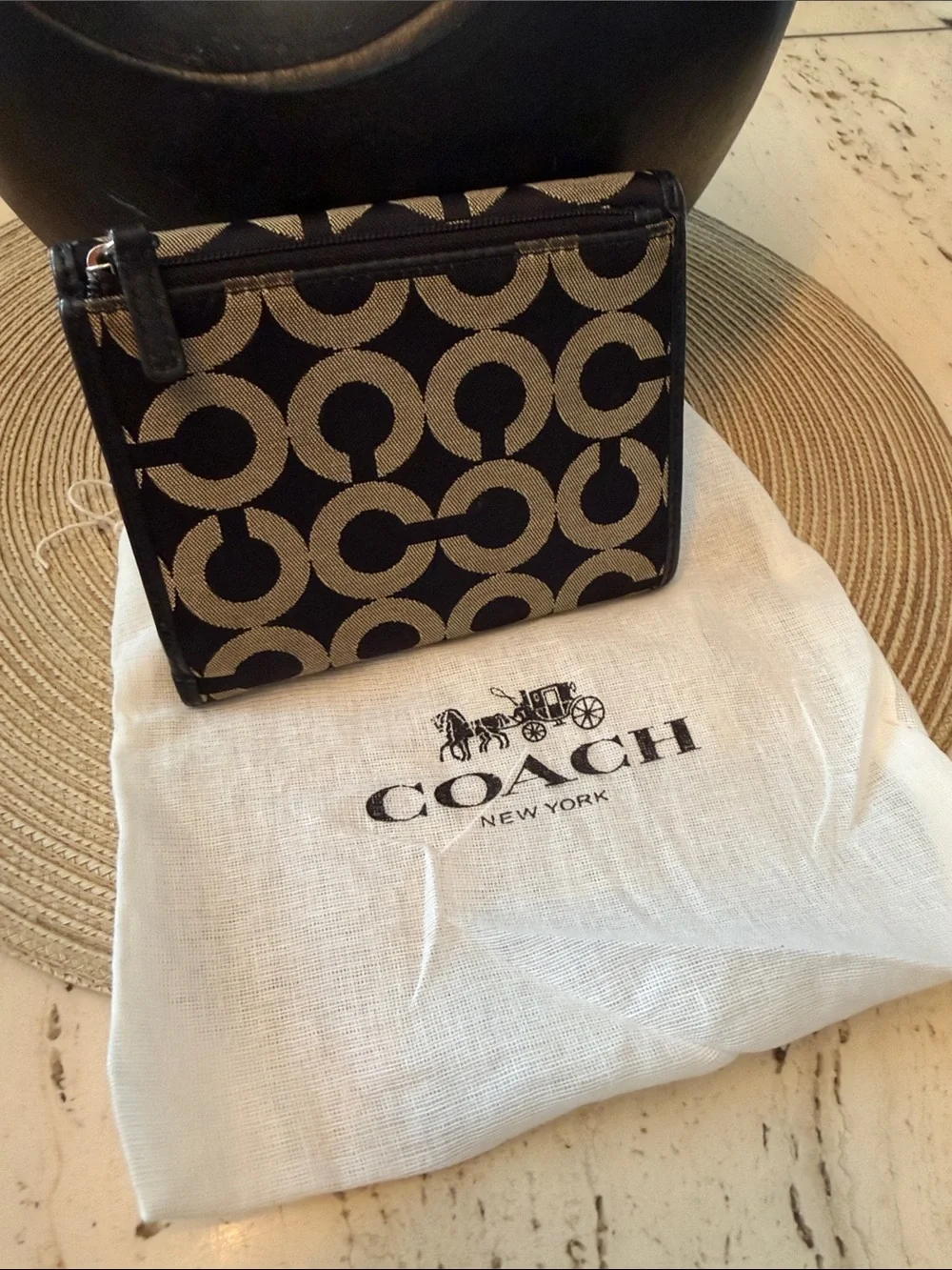 COACH Kristen Black and Khaki Op Art Jacquard Tri-Fold Wallet w/Dustbag
